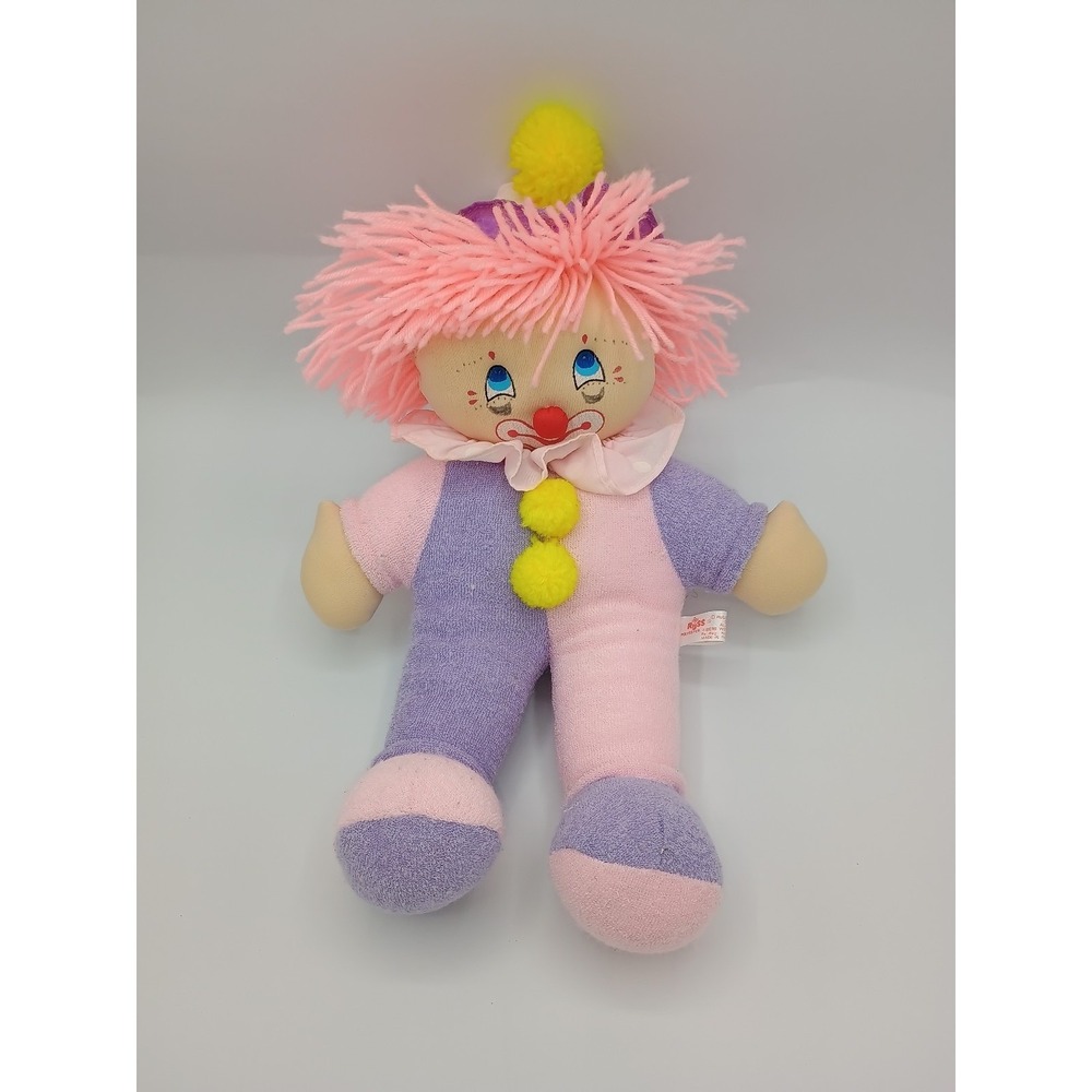 11" RUSS BERRIE Pink Purple TERRY CLOTH Clown Yellow Pom Pom Doll 8